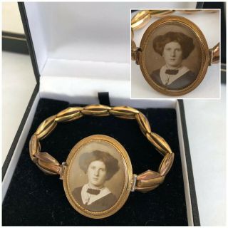 Vintage Antique Jewellery Mourning / Portrait Expanding Gold Tone Bracelet
