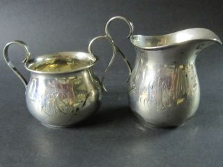 Vintage Sterling Silver Sugar Bowl And Cream Pitcher Monogrammed & With Dents