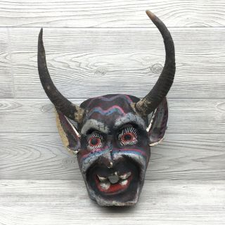 Vintage Devil Mask Hand Carved Wood Wall Hanging Folk Art