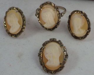 Antique 800 Sterling Silver Shell Cameo Set Ring Brooch Earrings Madonna Mary