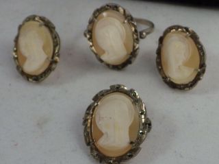 Antique 800 Sterling Silver Shell Cameo Set Ring Brooch Earrings Madonna Mary 2
