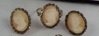 Antique 800 Sterling Silver Shell Cameo Set Ring Brooch Earrings Madonna Mary 3