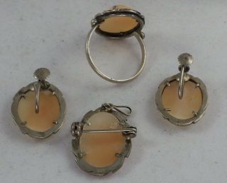 Antique 800 Sterling Silver Shell Cameo Set Ring Brooch Earrings Madonna Mary 5