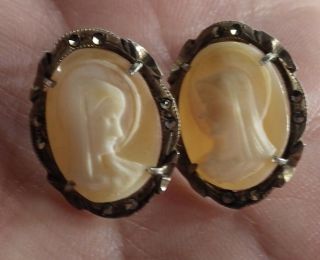 Antique 800 Sterling Silver Shell Cameo Set Ring Brooch Earrings Madonna Mary 6