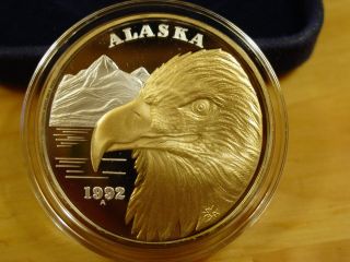 Rare Alaska Official State 1992 Eagle 999 Silver Proof 1 Troy Oz 24kt Gild