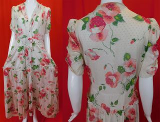Vintage Designed By Mitzi White Cotton Flocked Polka Dot Pink Poppy Print Dress