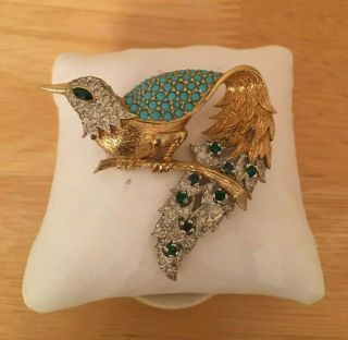 Vintage Panetta Jewel Encrusted Bird Brooch Pin Turquoise,  Emerald Green Signed