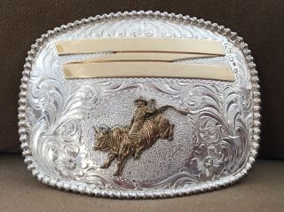 Vtg Old Western Silver Adm American Bull Riding Cowboy Rodeo Trophy Belt Buckle