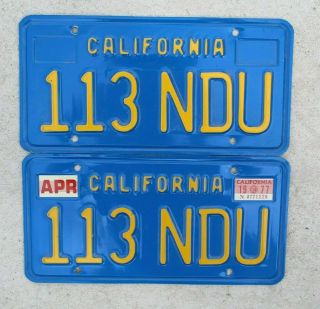 California Blue And Yellow License Plate Set 1977 Ca Vintage