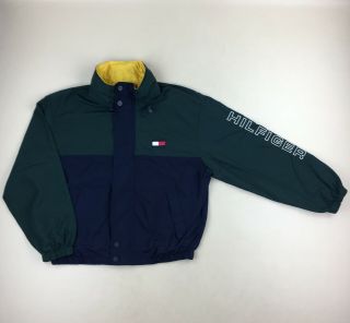 Vintage Tommy Hilfiger Green Navy Jacket Spell Out Arm Sleeve Foldaway Hood Sz L