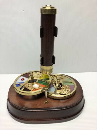 Vintage Wood Brass Stained Glass Wheel Kaleidoscope With Music Box