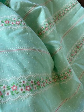 Vtg Sheer Flocked Floral Fabric Dotted Swiss Green/Pink/White 45”X56” 2