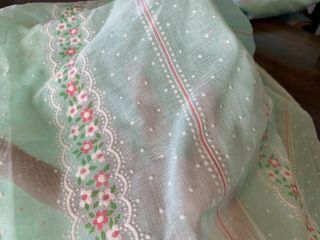 Vtg Sheer Flocked Floral Fabric Dotted Swiss Green/Pink/White 45”X56” 5