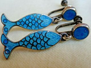 Vintage Margot De Taxco Sterling Silver & Blue Enamel Fish Earrings Dangle 1.  50 "