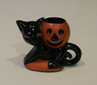 Vintage Rosbro Halloween Hard Plastic Black Cat & Pumpkin Candy Container B