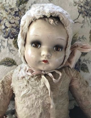 Antique Composition Doll Pink Plush Baby Doll 1930 