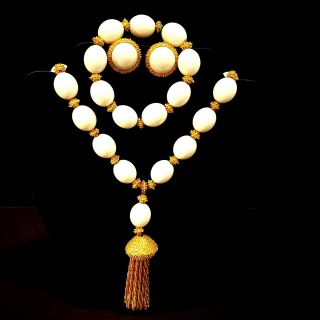 Vtg Trifari Crown Signed White Beads Tassel Gold Tone Necklace Bracelet Earrings