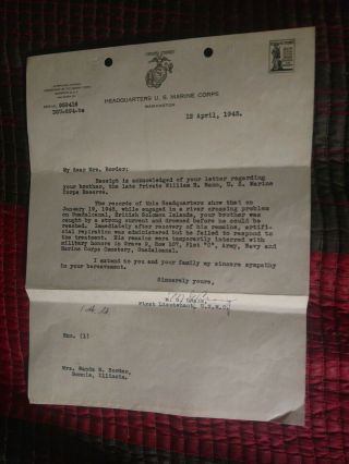 U.  S.  Marine Corps Letter Of Passing Of Marine.  12 April 1945.  Rare
