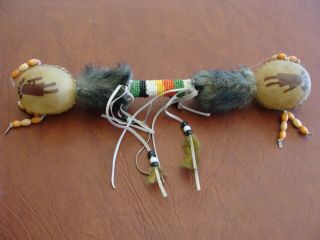 Large Vtg.  Native American Indian Kokopelli Design Rawhide Rattle Leather/beads