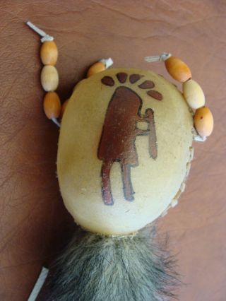 Large Vtg.  Native American Indian Kokopelli Design Rawhide Rattle Leather/Beads 3