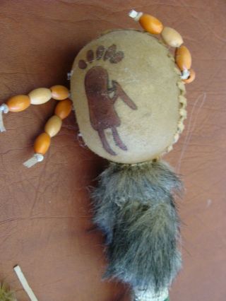 Large Vtg.  Native American Indian Kokopelli Design Rawhide Rattle Leather/Beads 6