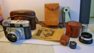 Vintage Argus V - 100 Camera With Leather Case - Light Meter - Lens - Kaligar Telephoto