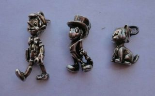 Vintage Sterling Silver Disney Rare Pinocchio,  Jiminy Cricket,  Figaro Charms