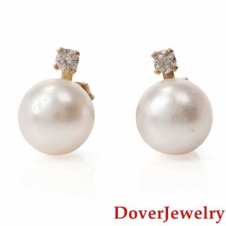 Estate Diamond Pearl 14k Yellow Gold Bead Stud Earrings Nr