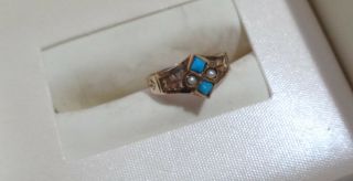 Victorian Baby Adorable Ring In 14kt W,  Seed Pearls 7 Turquoise Size 0