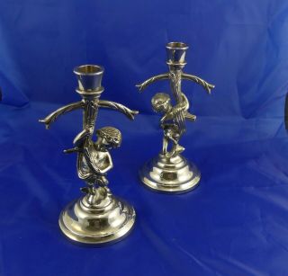 2 Victorian Cherub Candlestick Silver Plate 8 1/4 " High