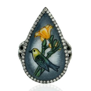 Hand Painted Bird Ring 0.  69ct Pave Diamond 18k Gold 925 Silver Vintage Jewelry