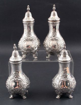 4 Antique 19thc Reed & Barton Silverplate Hand Chased Regent Salt Shakers