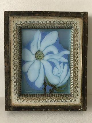 Vtg Mcm Michael Frances Higgins Studio Art Glass Framed Shadowbox Blue Flower