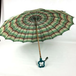 Vintage Evans Sweson Umbrella Plaid Rare Parasol Teal Lucite Handle 16 Spoke 40s