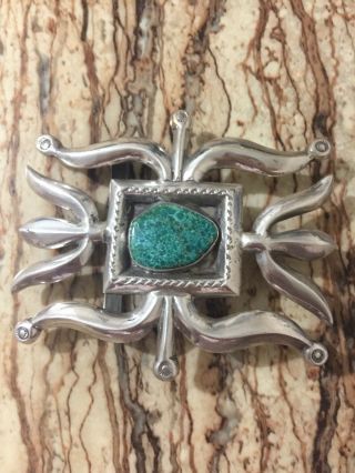 Vintage Native American Navajo Sterling And Turquoise Sand Cast Belt Buckle