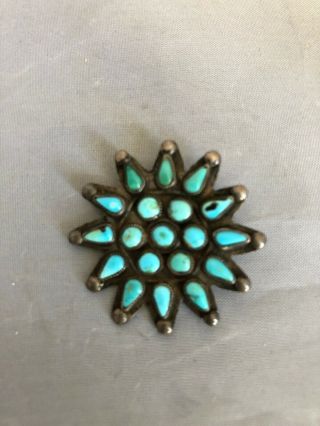 Vintage Navajo Sterling Silver Turquoise Brooch Pin 1 1/4” Round