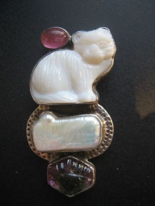 Signed Akr Amy Kahn Russel Sterling Silver Carved Cat Multi Stone Pendant