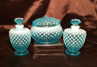 Vintage Fenton Hobnail Blue Opalescent Vanity Set 6 Pc Perfume & Powder Jar