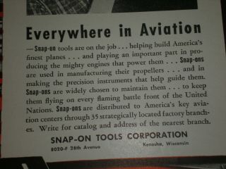 1943 SNAP ON TOOLS EVERYWHERE IN AVIATION WWII vintage Trade print ad 3