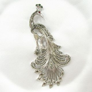 Vintage Rhodium Plated Peacock Pin Brooch Art Nouveau Style Embedded Gemstones