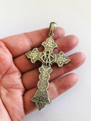 Antique Victorian Silver Cross Pendant,  Sterling,  Large