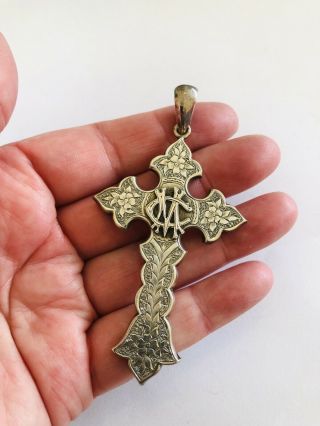 Antique Victorian Silver Cross Pendant,  Sterling,  Large 6