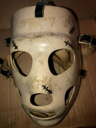 Vintage Cooper Fiberglass or Plastic Hockey Goalie Mask Leather Straps Stitches 2