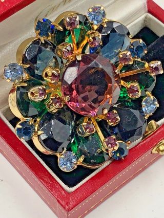 Fantastic Large Rhinestone Significant Bulky Brooch Pin Green Blue Pink Gold Pl