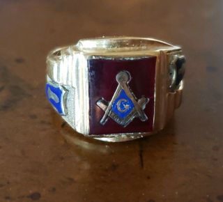 Vintage Masonic Mason Ring 10k Yellow Gold Red Stone Size 10 1/2 - 11