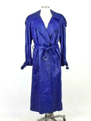 Vtg 90s Purple Leather Full Length Duster Trench Coat Zip In Liner Jacket Size L