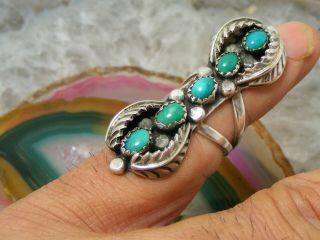 1 3/4 " Vintage Navajo Sterling Silver Green Cerrillos Turquoise Feather Ring S 5