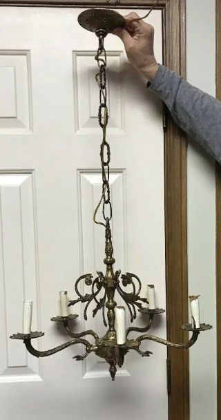 Antique Vintage Brass Hanging Light Chandelier 5 Candle Stick