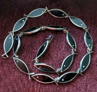 Sterling Vintage Modernist Mexico Fish Necklace - 15 3/4 Inches - Black Enamel