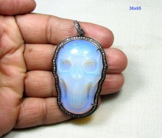 Pave Diamond 925 Sterling Silver Jewelry Opalite Skull Carved Gemstone Pendant